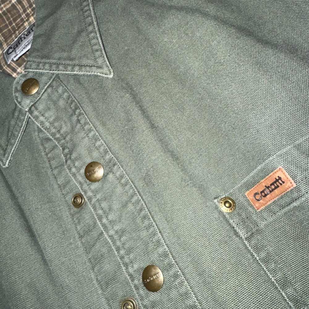 Carhartt Men L Moss Green Flannel Lined Canvas Shirt Jacket Snap Front S96MOS